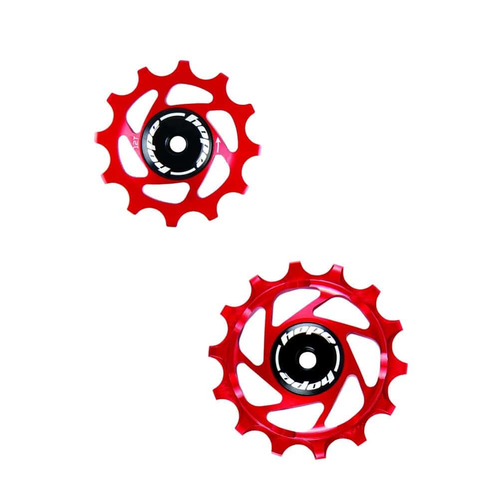 Hope 14/12 Jockey Wheels pair for bicycle drivetrain, durable components designed for smooth shifting and reliable performance.