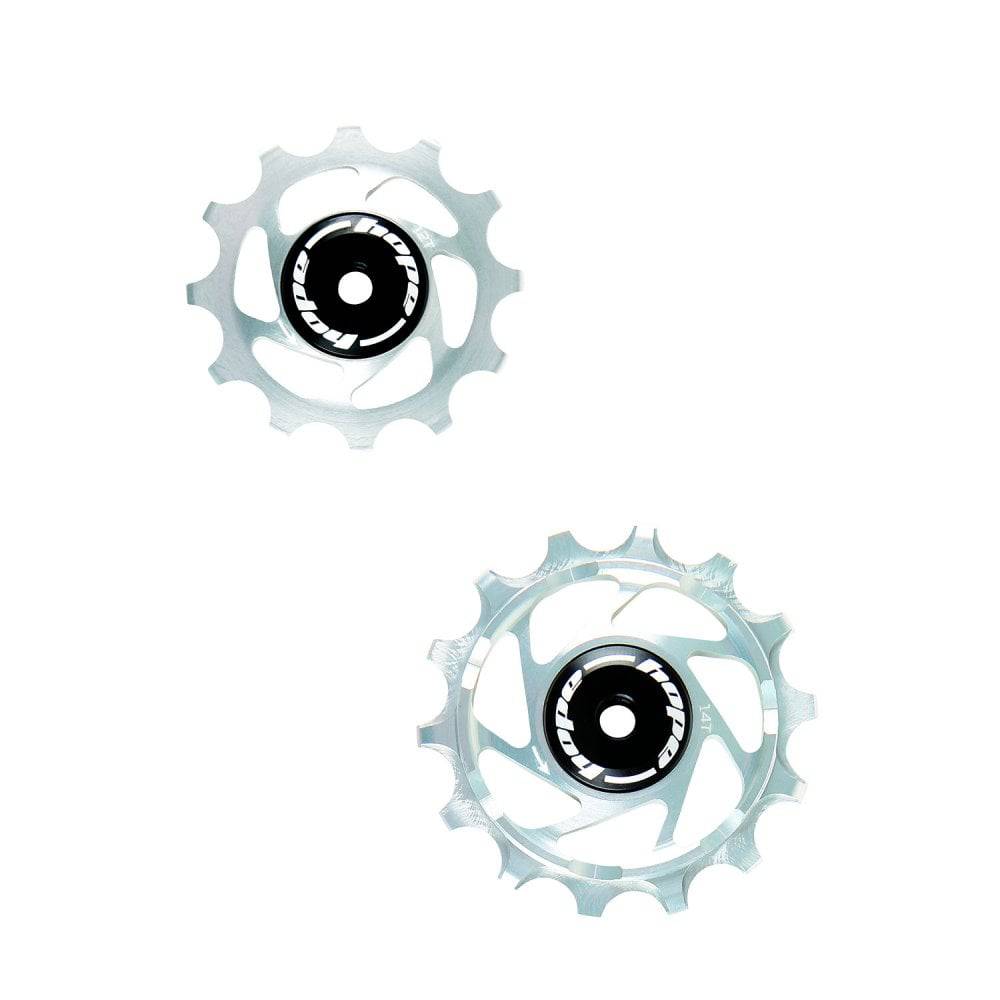 Hope 14/12 Jockey Wheels pair for bicycle drivetrain upgrade, durable components for smooth shifting and reliable performance.