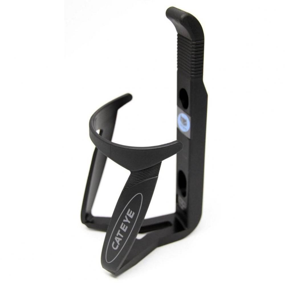 Cateye BC-300 durable fiberglass and plastic bike bottle cage holder attached to a bicycle frame, securing a water bottle during ride.
