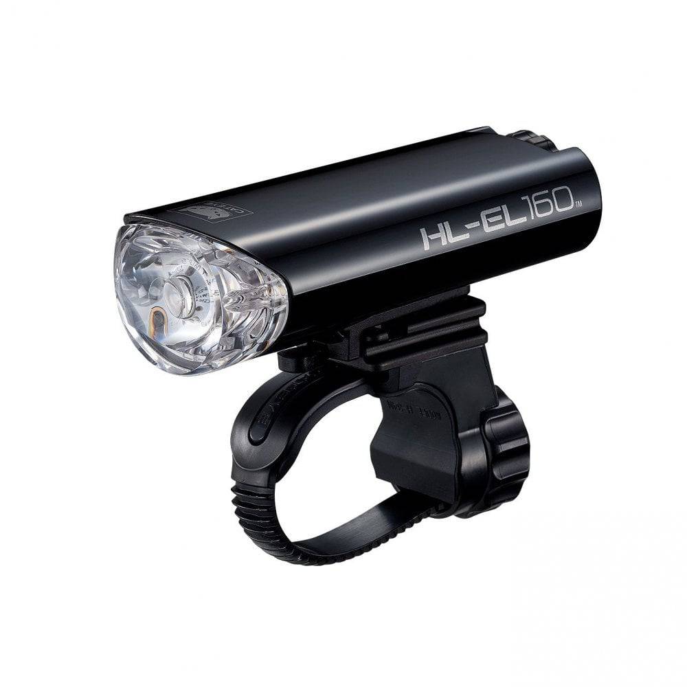 Cateye EL-160 LED front bike light with waterproof IPX7 rating and OptiCube™ brightness, mounted on a bicycle handlebar.