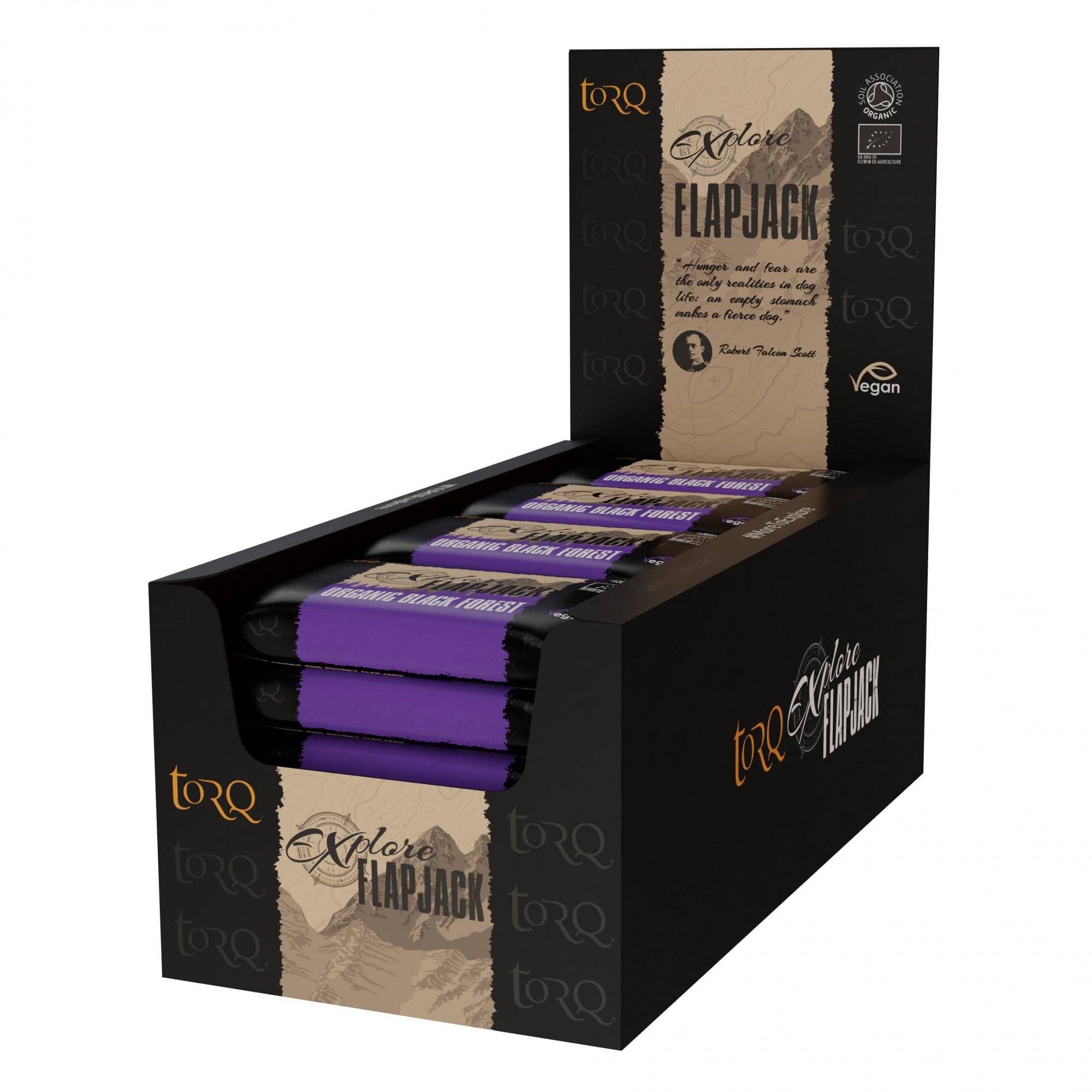 TORQ Explore Flapjack Black Forest organic vegan energy snack in packaging, designed for outdoor activities and active lifestyles.