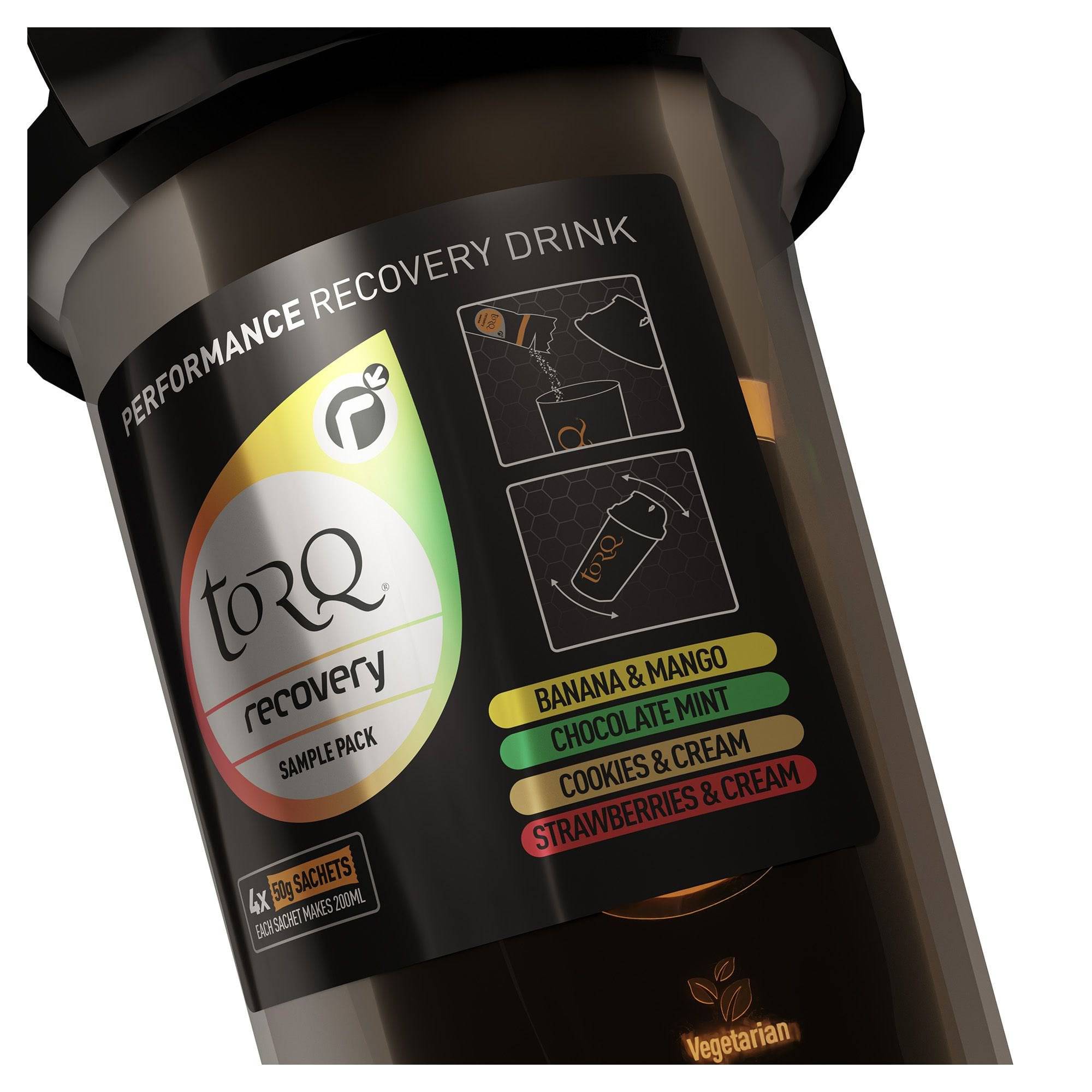 TORQ Recovery Mixer Bottle pack with four flavored recovery drink sachets, designed for post-workout hydration and recovery.