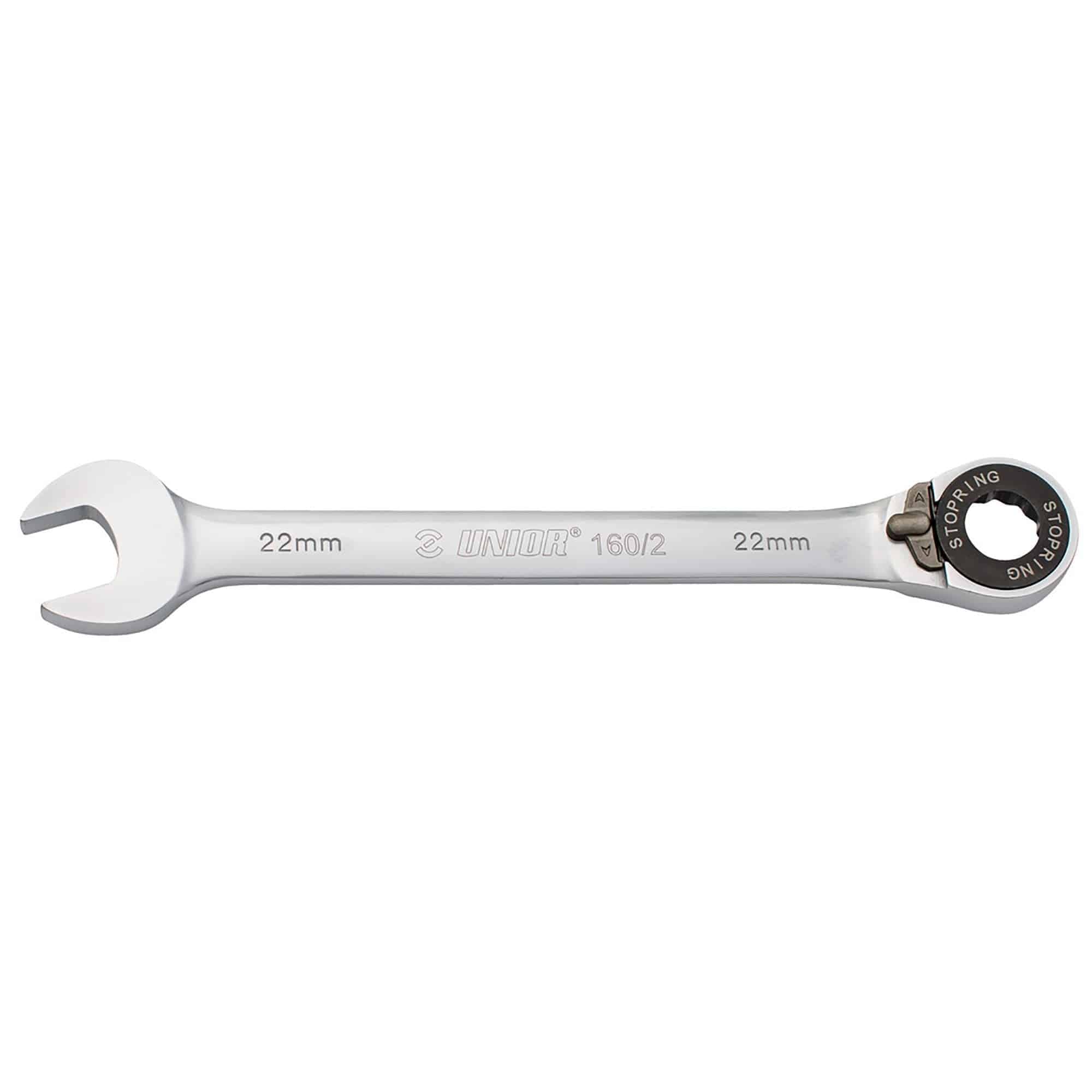 UNIOR forged combination ratchet wrench with 72-tooth gear and 5° working angle, workshop tool for precise fastening.