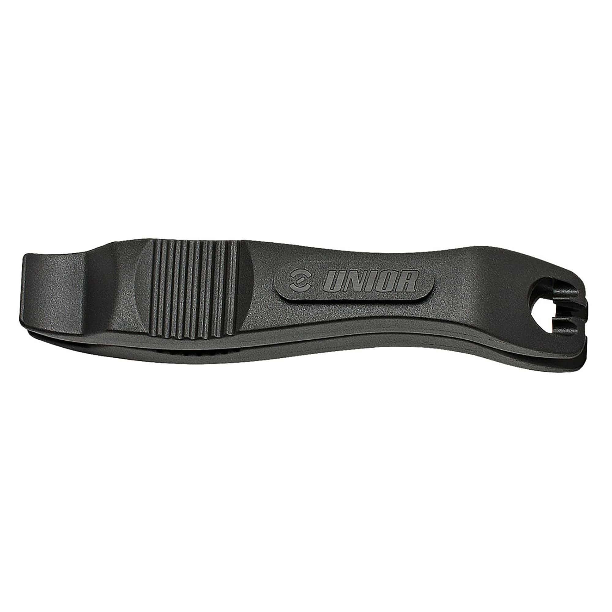 UNIOR tire levers set of 2, durable plastic bike tire removal tools, suitable for workshop use, shown in a workshop setting
