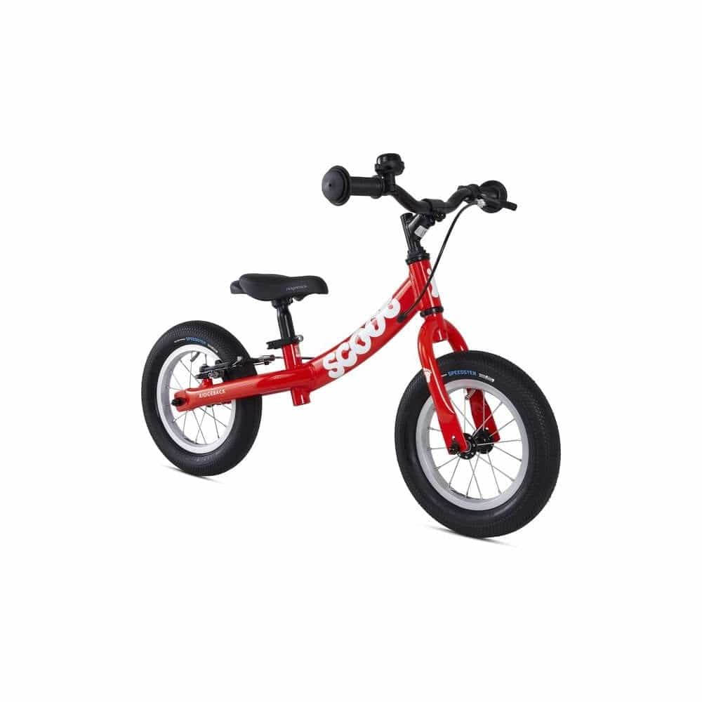 Ridgeback Scoot balance bike for kids, lightweight frame, black and orange design, suitable for children 90-100cm tall.