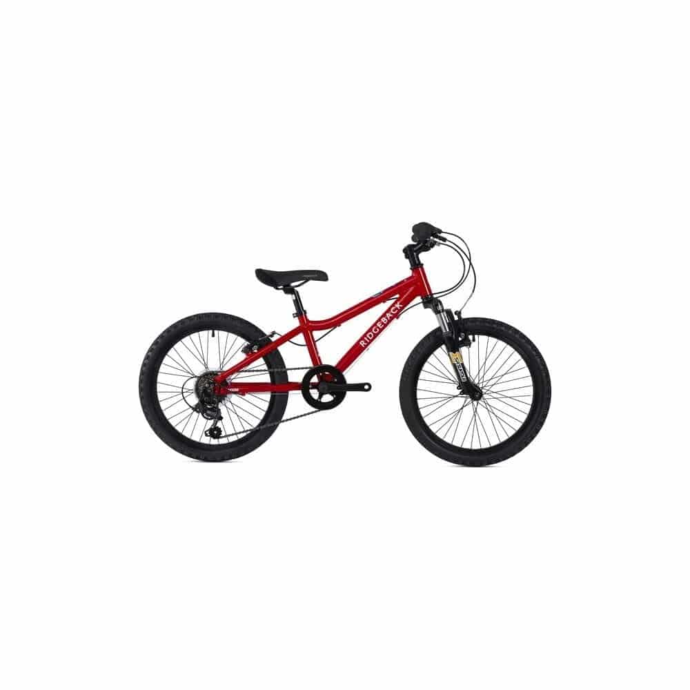 Ridgeback MX20 kids bike with Suntour fork, suitable for ages 6-10 and riders 120-140cm, featuring a sturdy frame and colorful design.