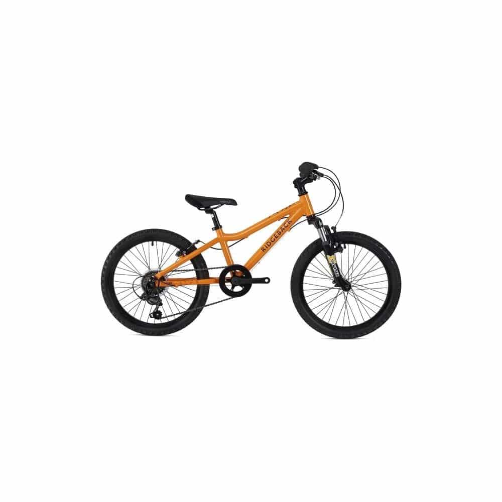 Ridgeback MX20 kids bike with Suntour fork, suitable for children aged 6-10, riders 120-140cm, black and red frame.