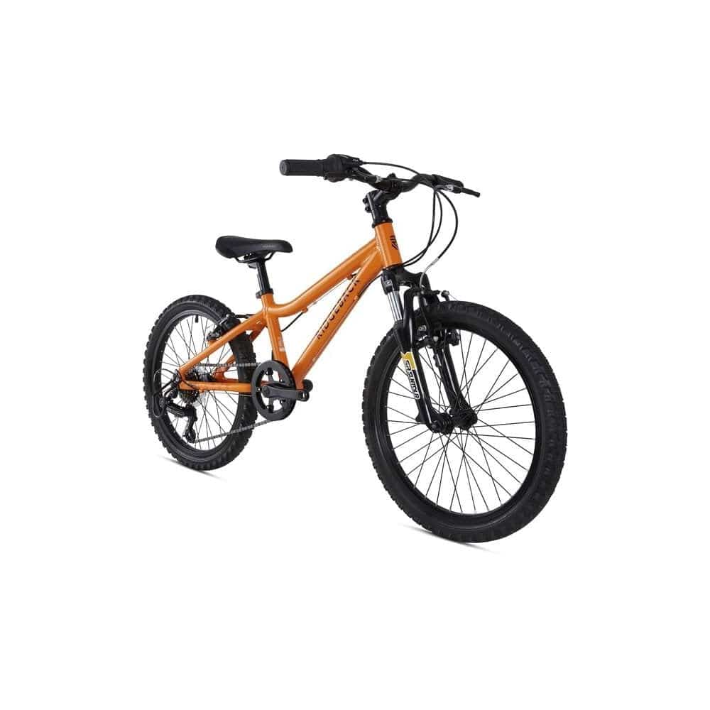 Ridgeback MX20 kids bike with Suntour fork, suitable for children ages 6-10, riders 120-140cm, black and red frame.