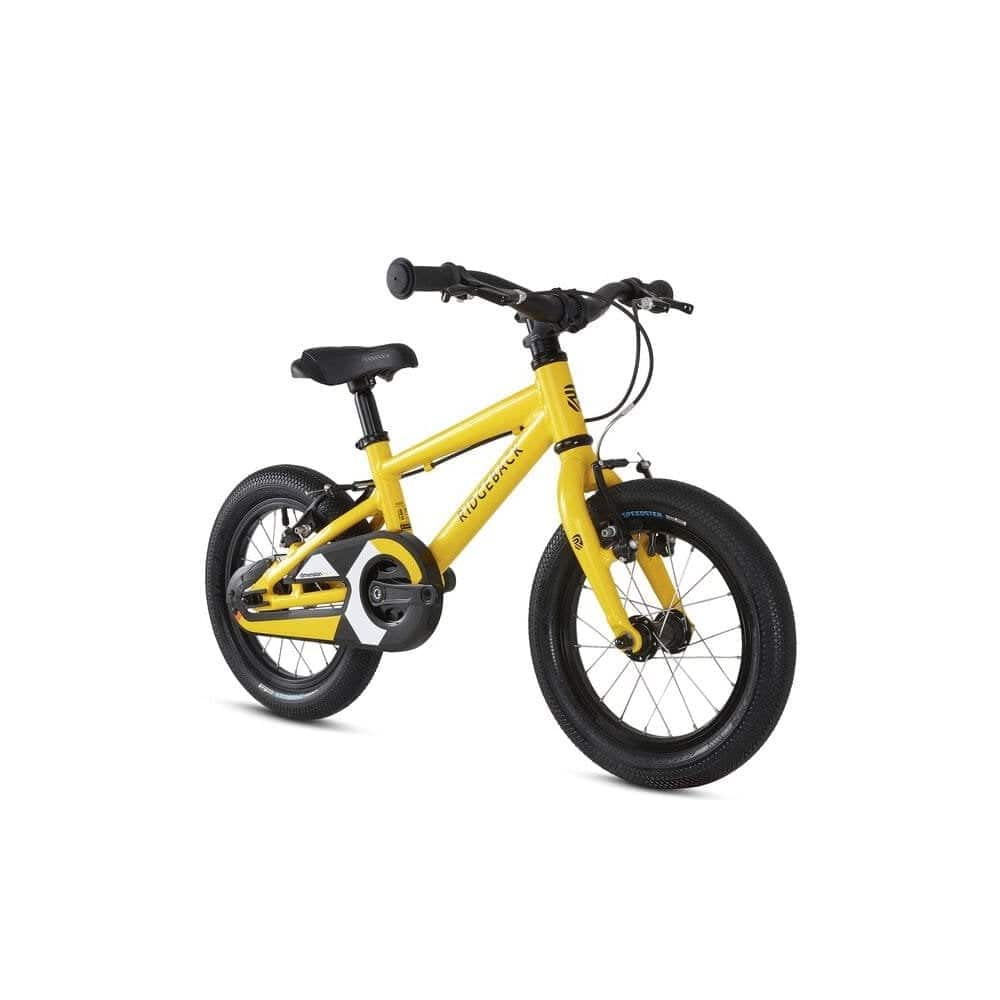 Ridgeback Dimension 14 kids bike for ages 3-4, height 100-110cm, with training wheels and colorful frame for young children.