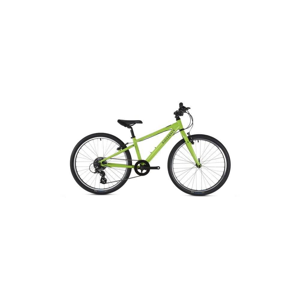 Ridgeback Dimension 24 kids bike with 7-speed Shimano gears, suitable for children 140-150cm tall, black frame and colorful accents.