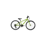 Ridgeback Dimension 24 kids bike with 7-speed Shimano gears, suitable for children 140-150cm tall, black frame and colorful accents.