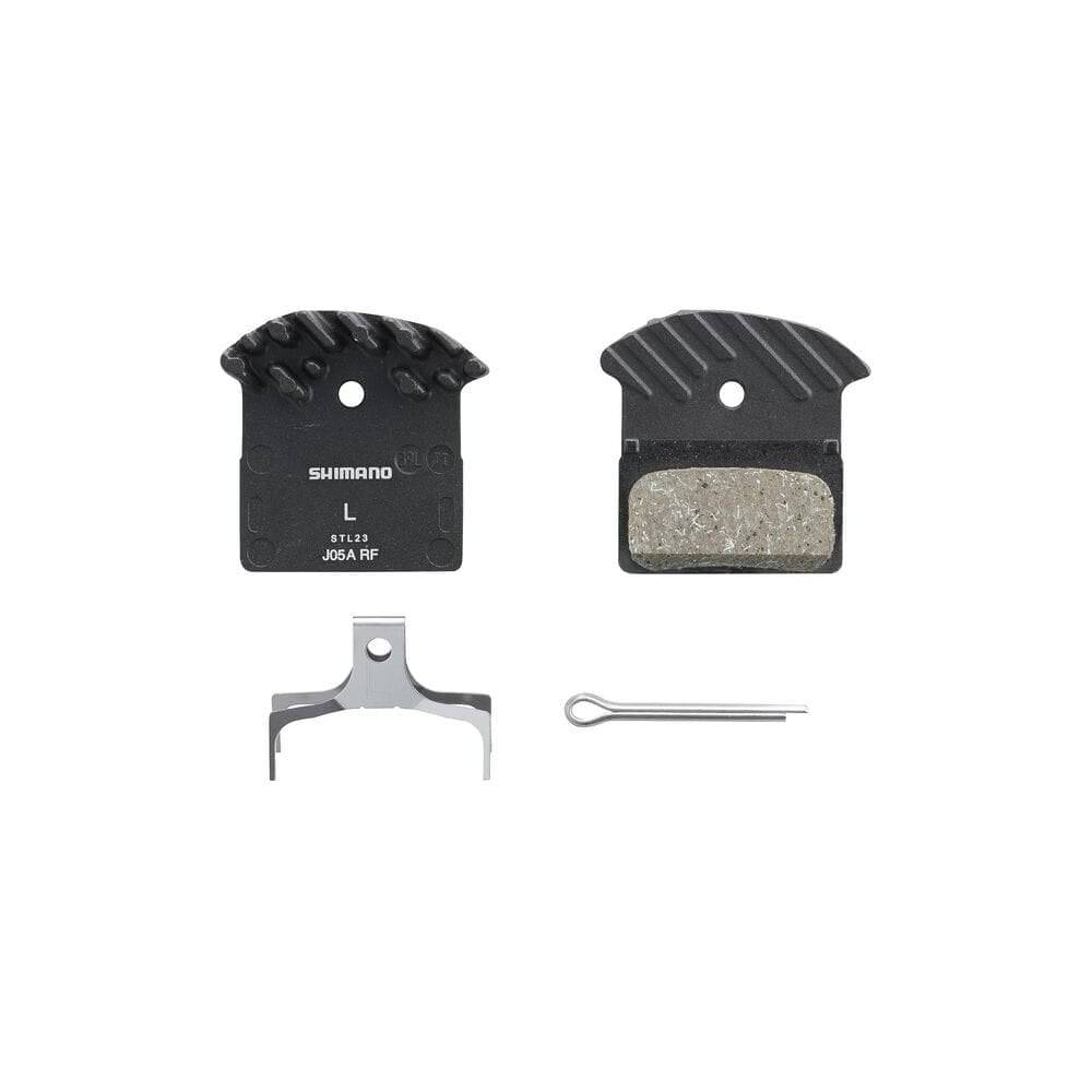 Shimano J05A-RF resin disc brake pads with alloy back and cooling fins for 2-piston calipers, component bike braking system