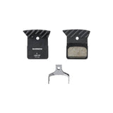 Shimano L05A-RF resin disc brake pads with alloy back, cooling fins, and spring for bicycle braking components.