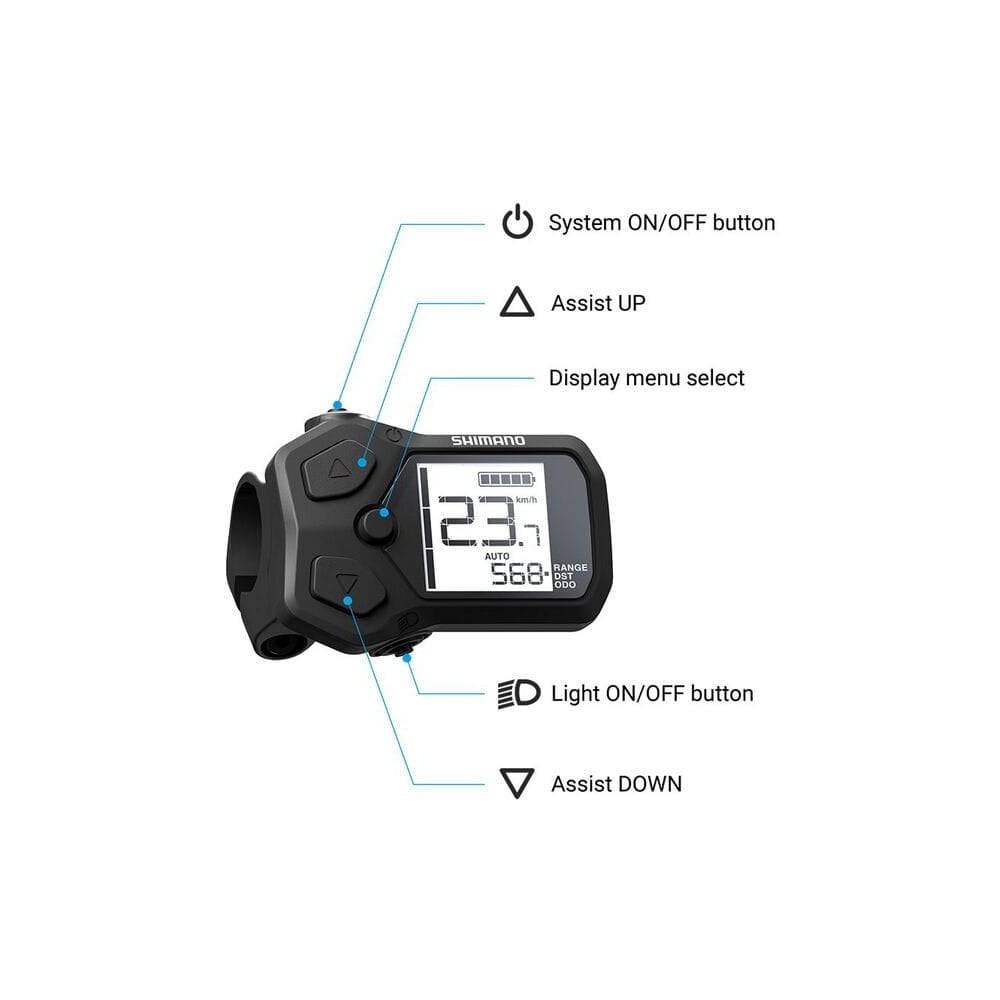 Shimano STEPS SC-EN500 e-Bike cycle computer with I-Spec-EV mount and display info button on a bike handlebar.