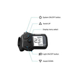 Shimano STEPS SC-EN500 e-Bike cycle computer with I-Spec-EV mount and display info button on a bike handlebar.