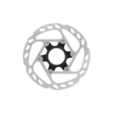 Shimano Deore SLX SM-RT64 160mm centre-lock disc brake rotor with internal lockring, shown mounted on a bike wheel.