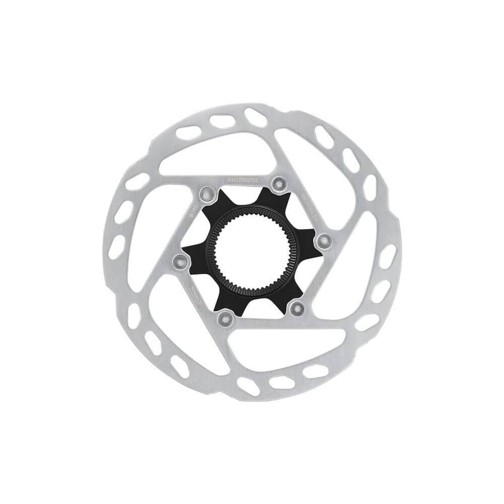 Shimano Deore SLX SM-RT64 140mm centre-lock disc brake rotor with internal lockring, mounted on a bicycle wheel.