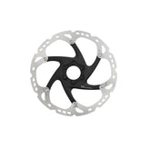 Shimano Deore XT SM-RT86 203mm Ice Tech 6-bolt disc brake rotor mounted on a bike wheel.