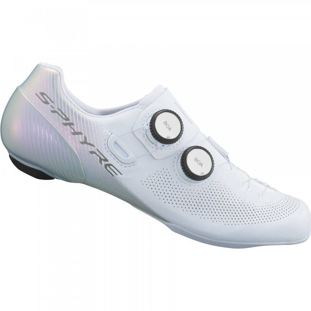 Shimano S-PHYRE RC9W women's road cycling shoes with dual BOA Li2 dials, sleek black design and synthetic upper.