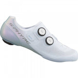 Shimano S-PHYRE RC9W women's road cycling shoes with dual BOA Li2 dials, sleek black design and synthetic upper.