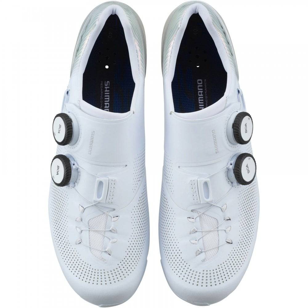 Shimano S-PHYRE RC9W women's road cycling shoes with black design, featuring dual BOA Li2 dials and sleek aerodynamic style.