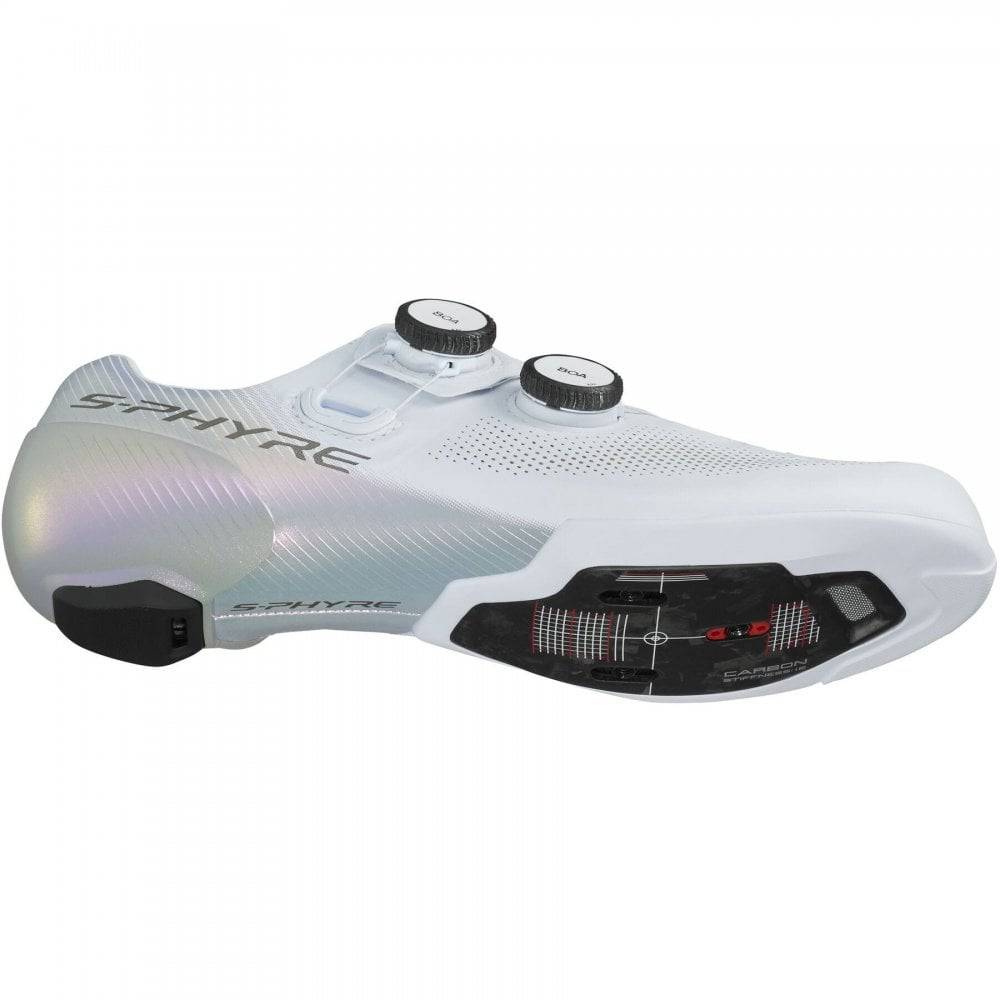 Shimano S-PHYRE RC9W women's road cycling shoes with white design, featuring dual BOA Li2 dials and breathable upper material.