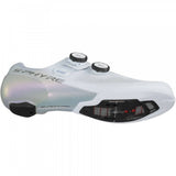 Shimano S-PHYRE RC9W women's road cycling shoes with white design, featuring dual BOA Li2 dials and breathable upper material.