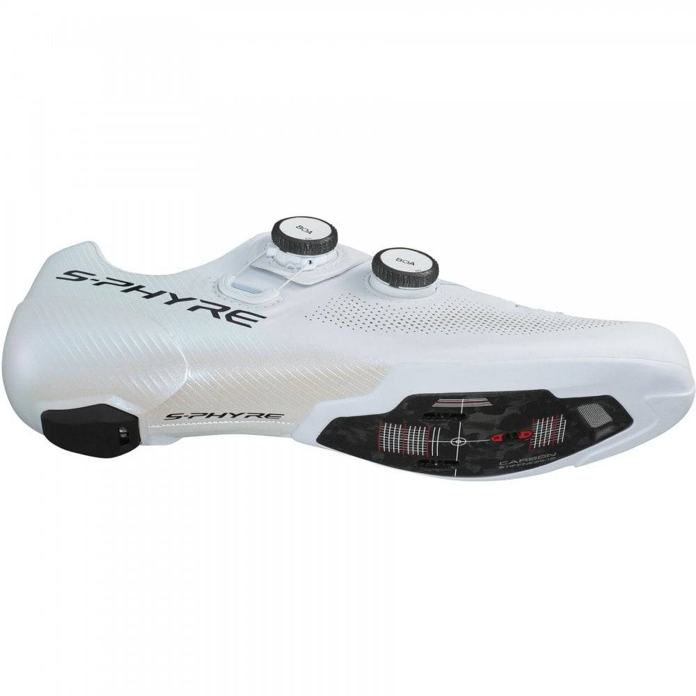 Shimano S-PHYRE RC9 road cycling shoes with black design and dual BOA Li2 dials, featuring sleek, aerodynamic footwear for cyclists.