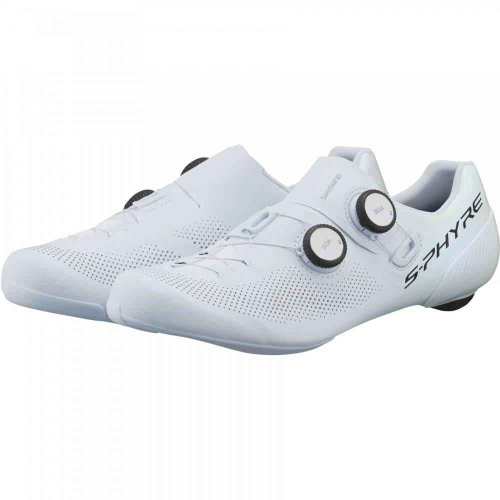 Shimano S-PHYRE RC9 road cycling shoes with black design and dual BOA Li2 dials, featuring sleek aerodynamic style.