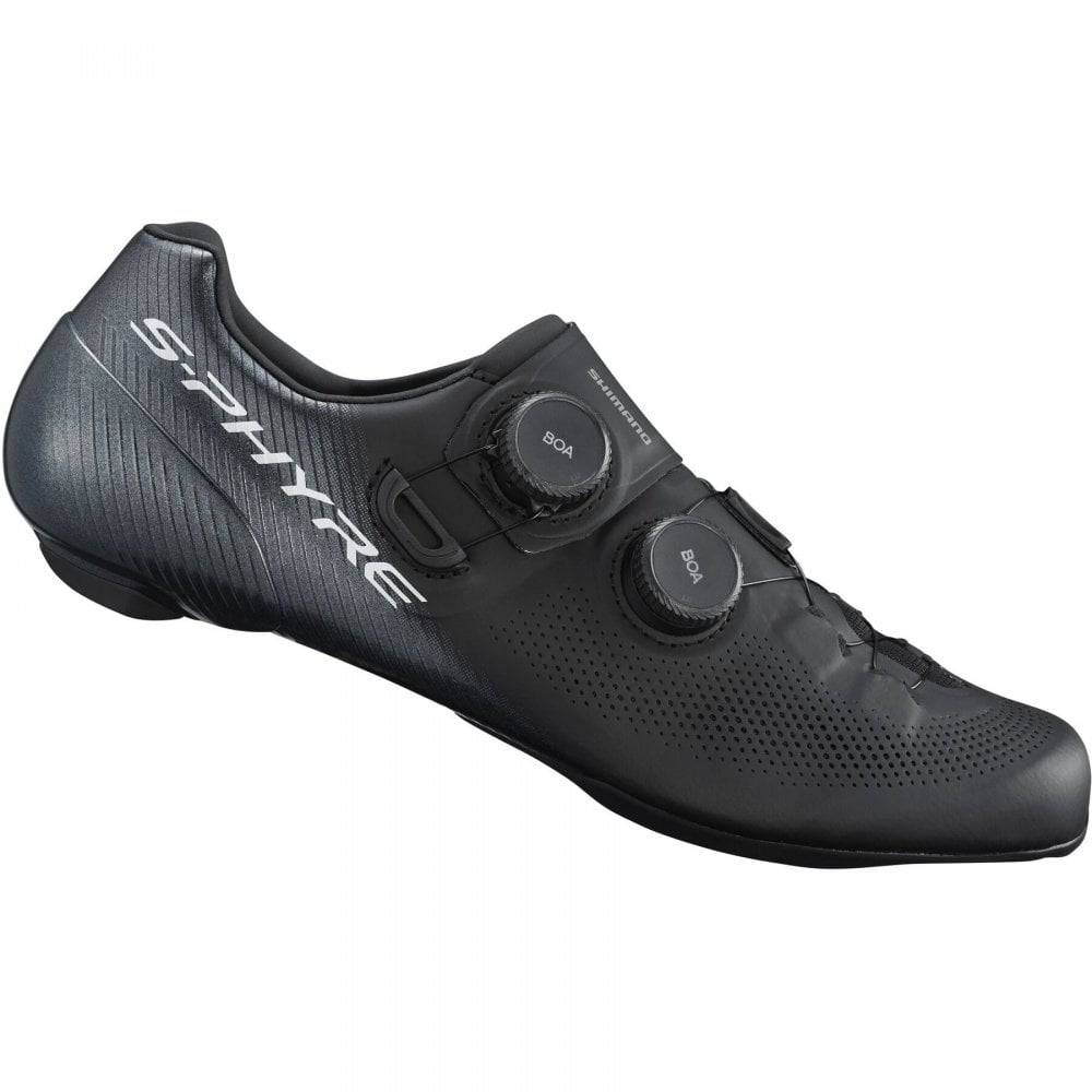 Shimano S-PHYRE RC9 road cycling shoes with black design and dual BOA Li2 dials, aerodynamic and lightweight for racing.