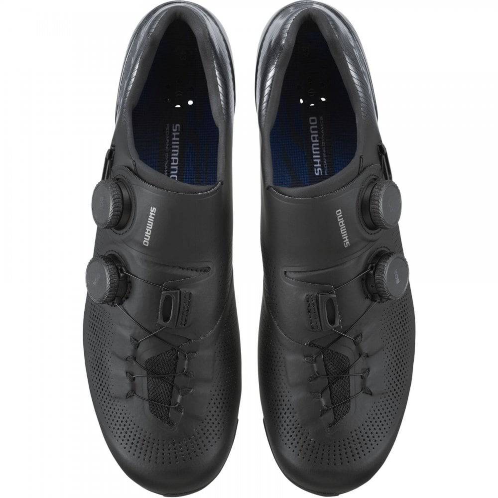 Shimano S-PHYRE RC9 road cycling shoes with black design, featuring dual BOA Li2 dials for a secure fit.