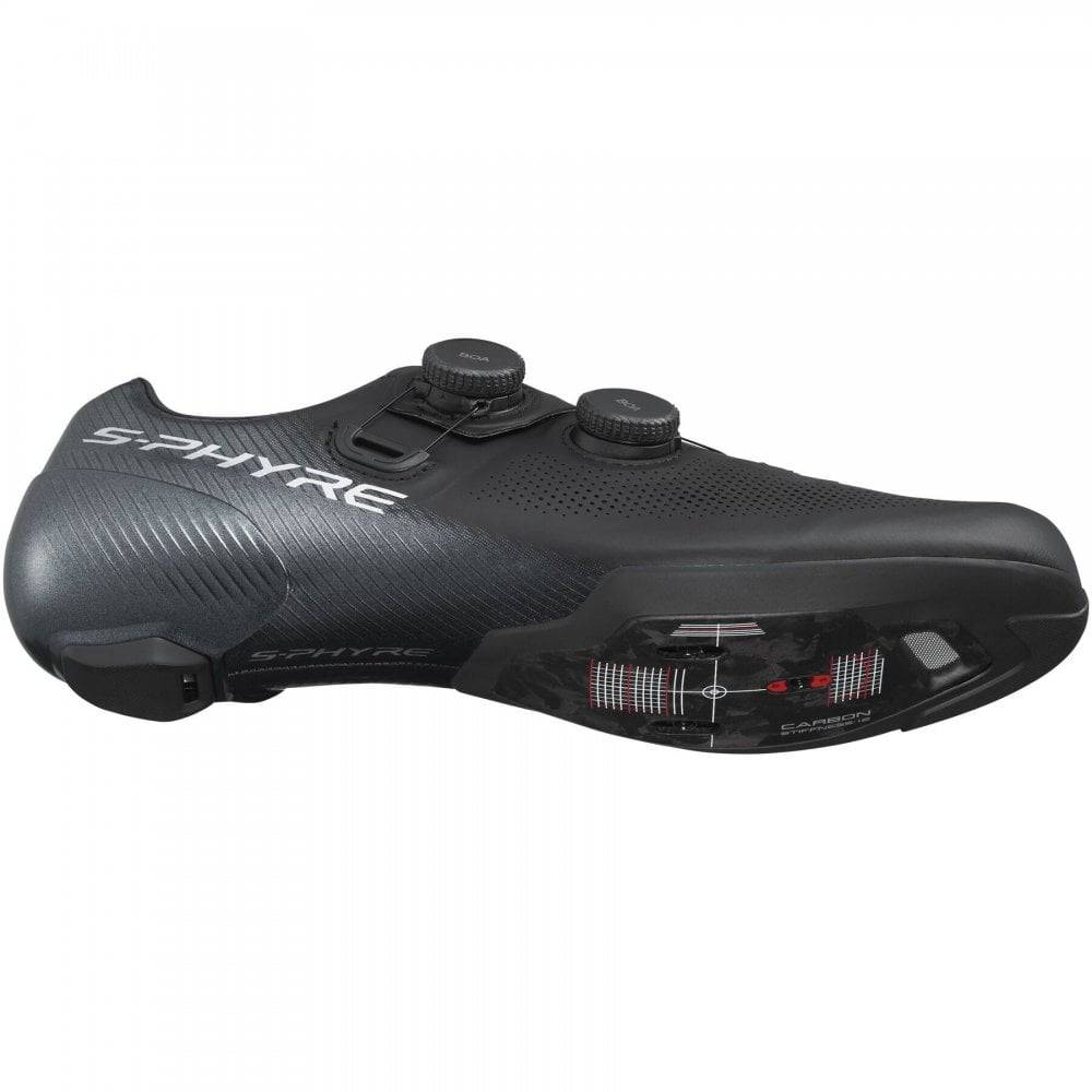 Shimano S-PHYRE RC9 road cycling shoes with black design, featuring dual BOA Li2 dials and sleek aerodynamic style.