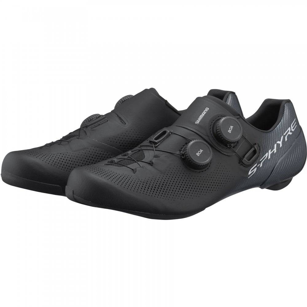 Shimano S-PHYRE RC9 road cycling shoes with black design, featuring dual BOA Li2 dials for precise fit adjustment.