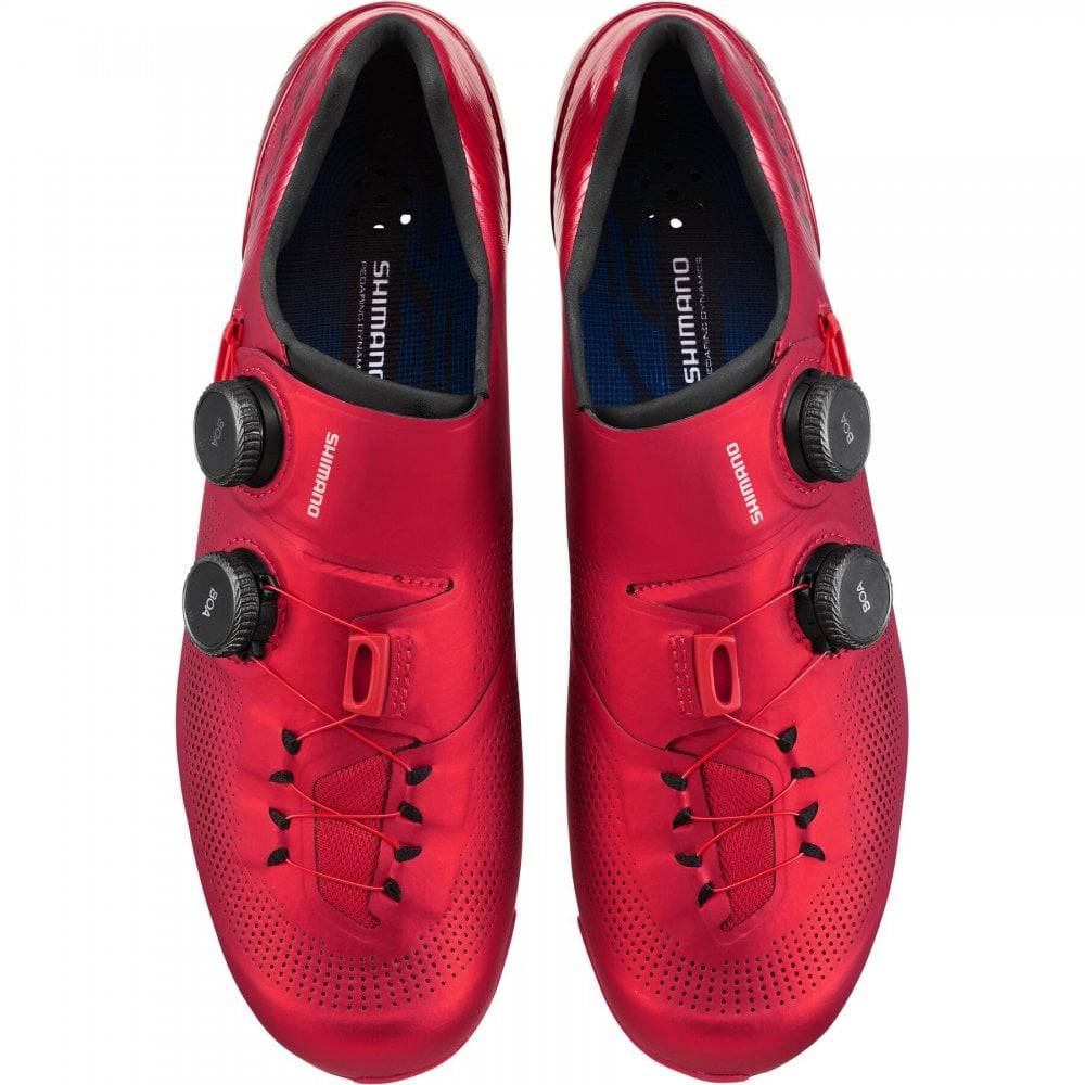 Shimano S-PHYRE RC9 road cycling shoes with black design and dual BOA Li2 dials, featuring sleek aerodynamic profile