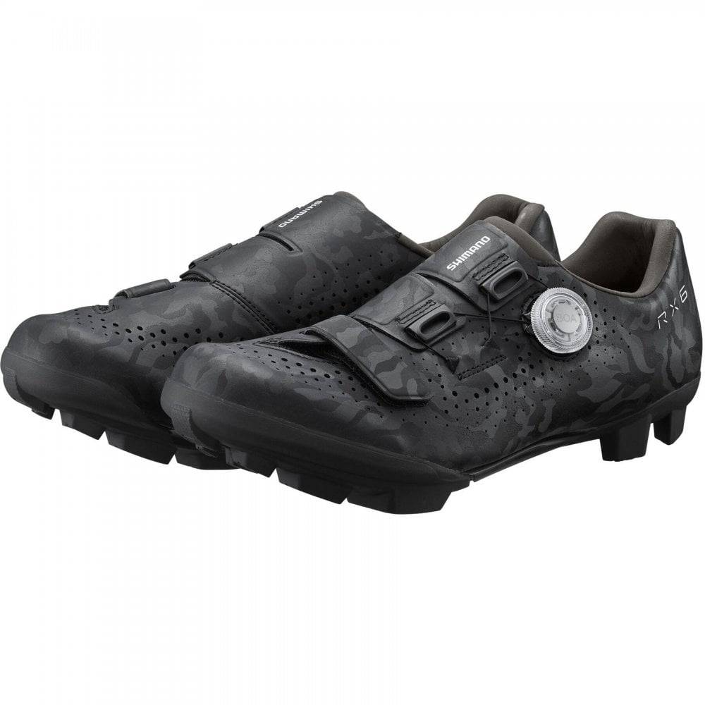 Shimano RX6 gravel cycling shoes with BOA L6 dial, carbon sole, and breathable upper for off-road biking comfort.