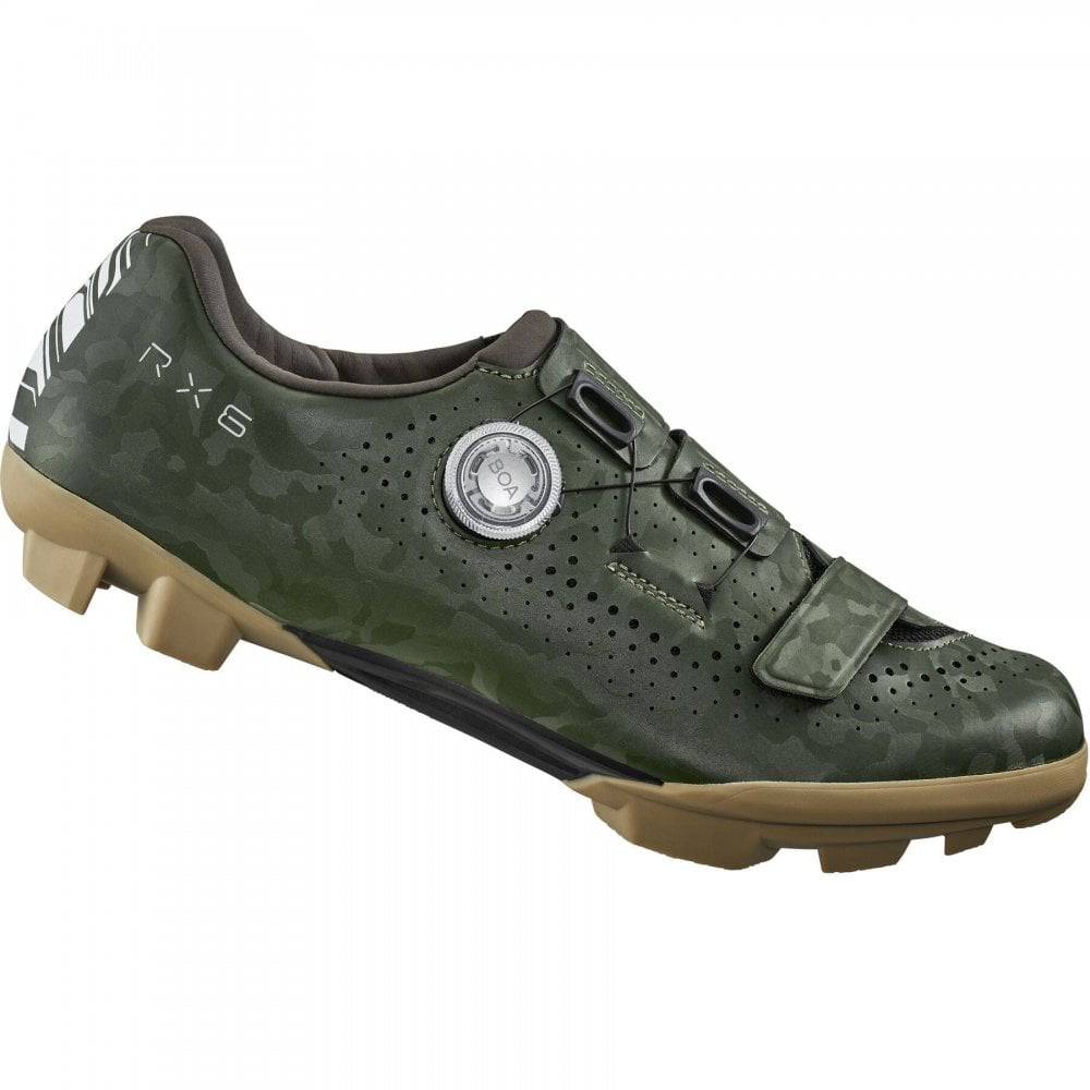 Shimano RX6 gravel cycling shoes with BOA L6 dial and carbon sole, designed for outdoor gravel riding.
