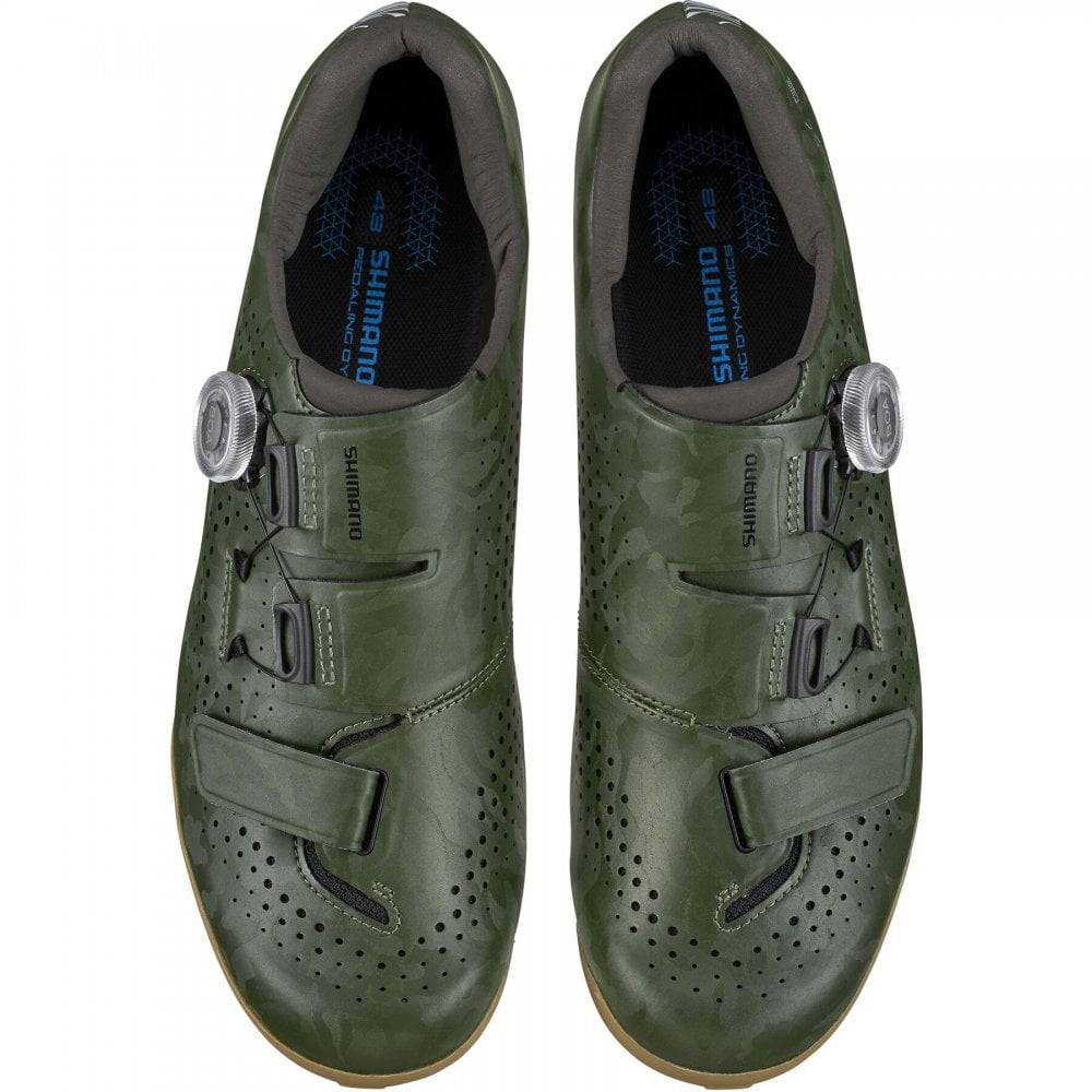 Shimano RX6 gravel cycling shoes with BOA L6 dial and carbon sole, shown in black with secure closure and rugged design.