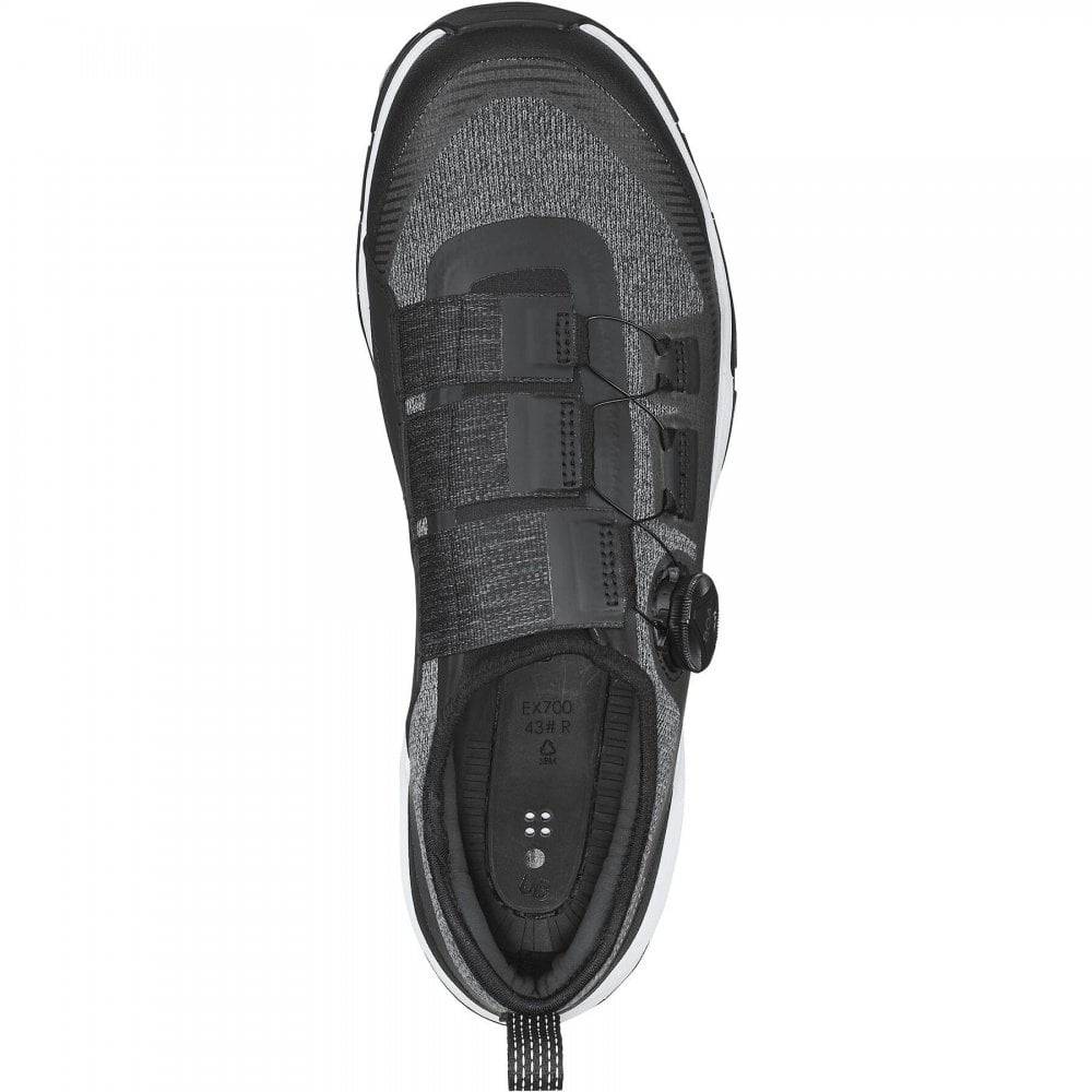 Shimano EX7 black MTB shoes with BOA L6 dial and ULTREAD EX outsole, designed for cycling and mountain biking.