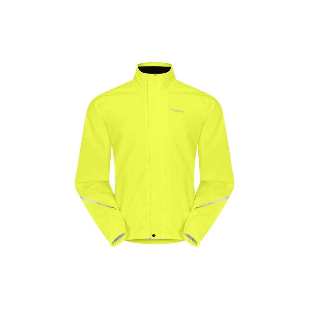 Madison Protec men's 2-layer waterproof cycling jacket with reflective details, shown in black with adjustable hood and zip pockets.