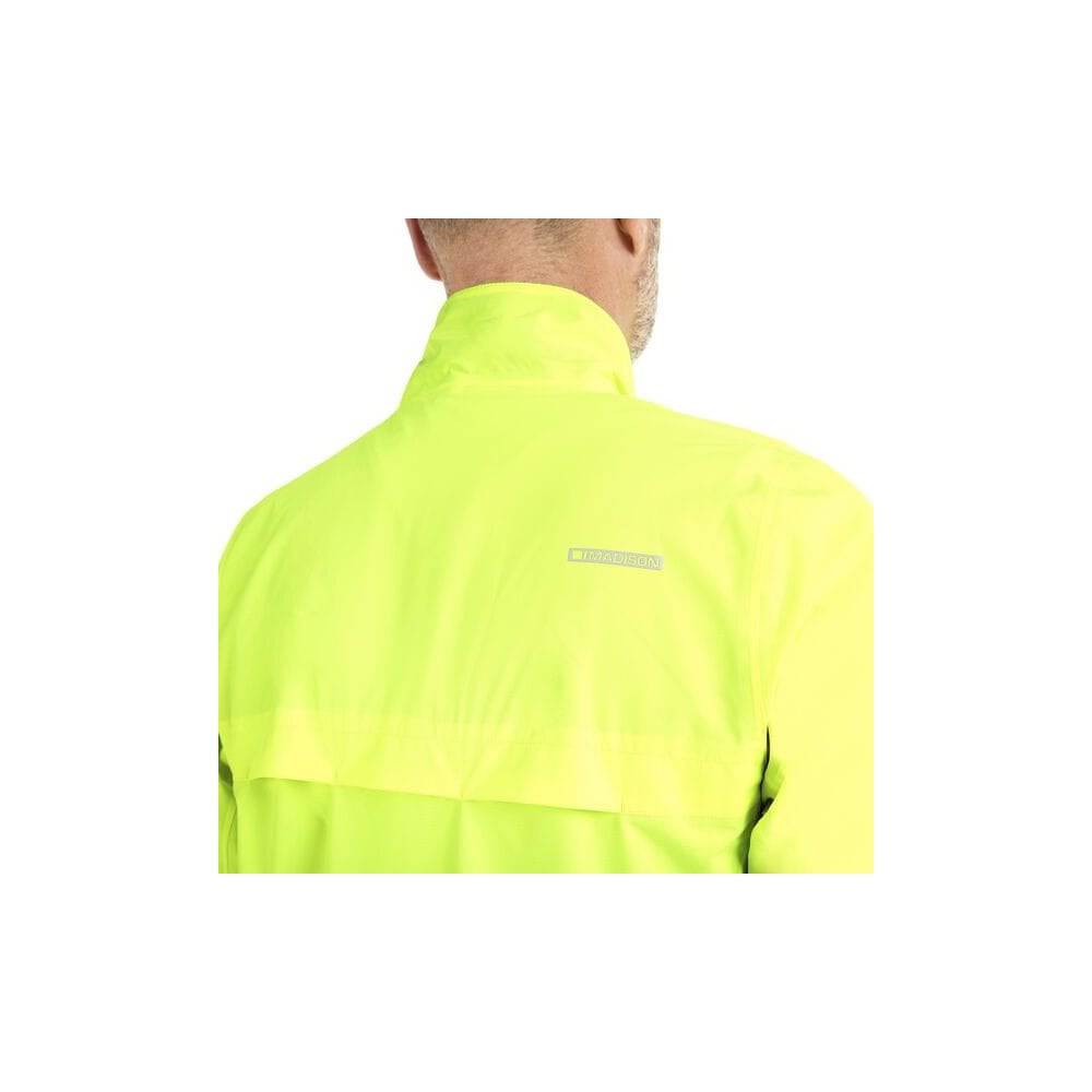 Madison Protec men's 2-layer waterproof cycling jacket with reflective details, shown in an outdoor setting.