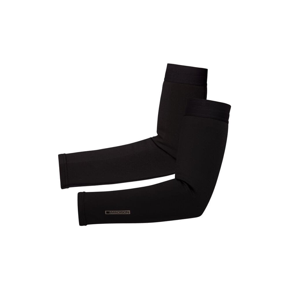 Madison DTE Stellar Tech Isoler thermal arm warmers with DWR coating, designed for cycling, showcasing sleek black fabric and snug fit.