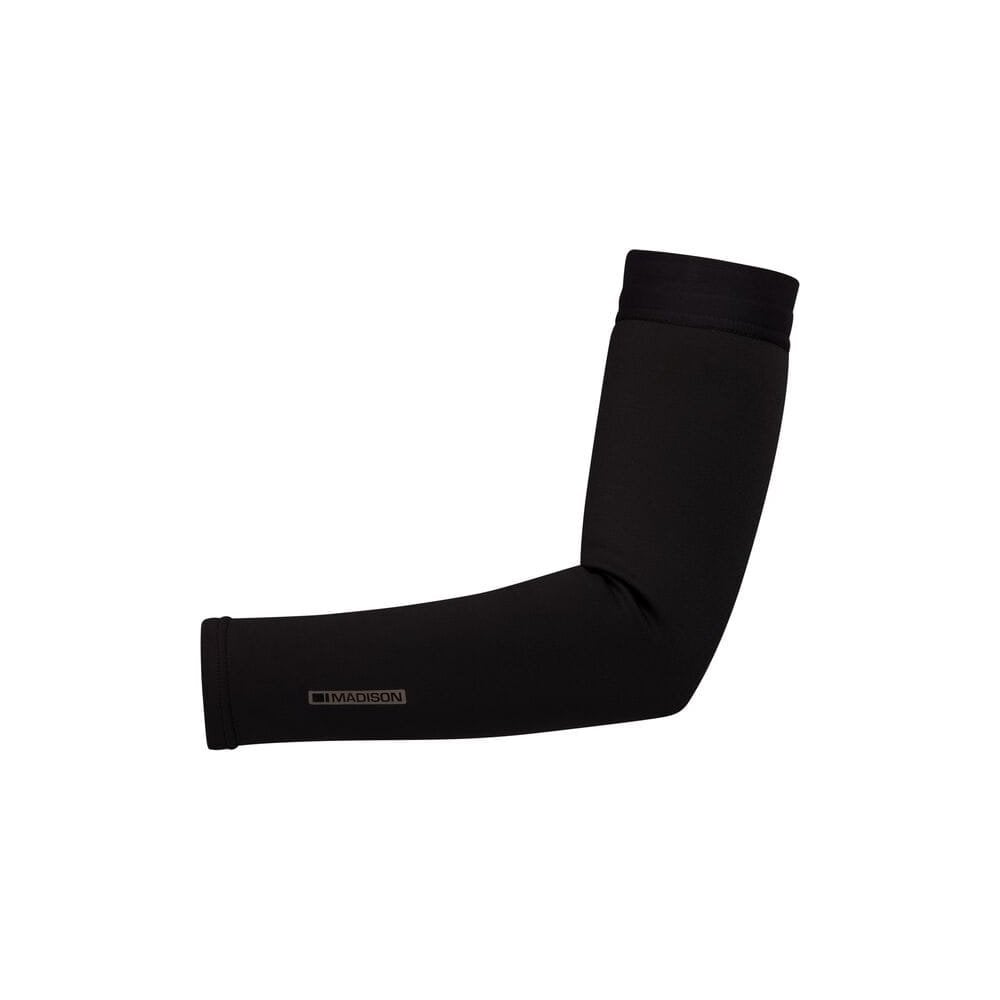 Madison DTE Stellar Tech Isoler thermal arm warmers with DWR coating, designed for cycling, showing black stretch fabric and reflective details.