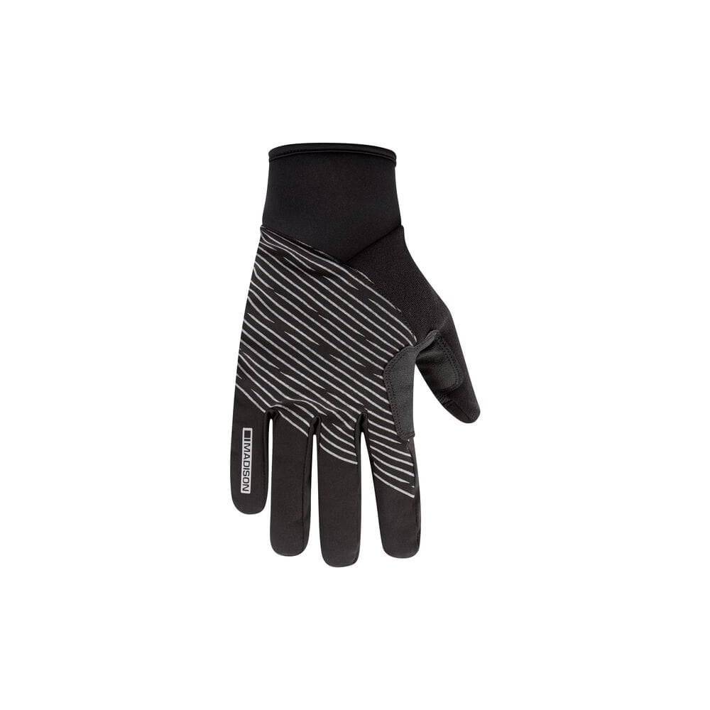 Madison Stellar waterproof thermal gloves with reflective safety stripes and touchscreen fingertips, designed for cold weather outdoor activities.