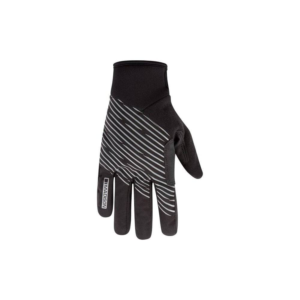 Madison Stellar reflective waterproof thermal gloves with touchscreen compatibility, showing the insulated fabric and reflective details.