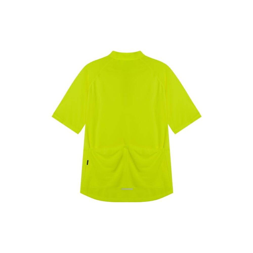 Madison men's short sleeve cycling jersey with rear pockets, reflective inserts, lightweight fabric, and vibrant color for cycling.
