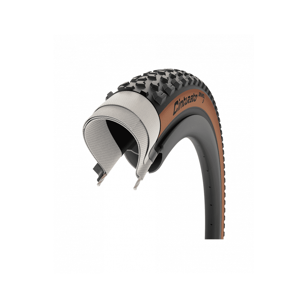 Pirelli Cinturato Gravel S Classic tan 700x40c tubeless-ready tyre with SpeedGRIP TechWALL for gravel bikes.