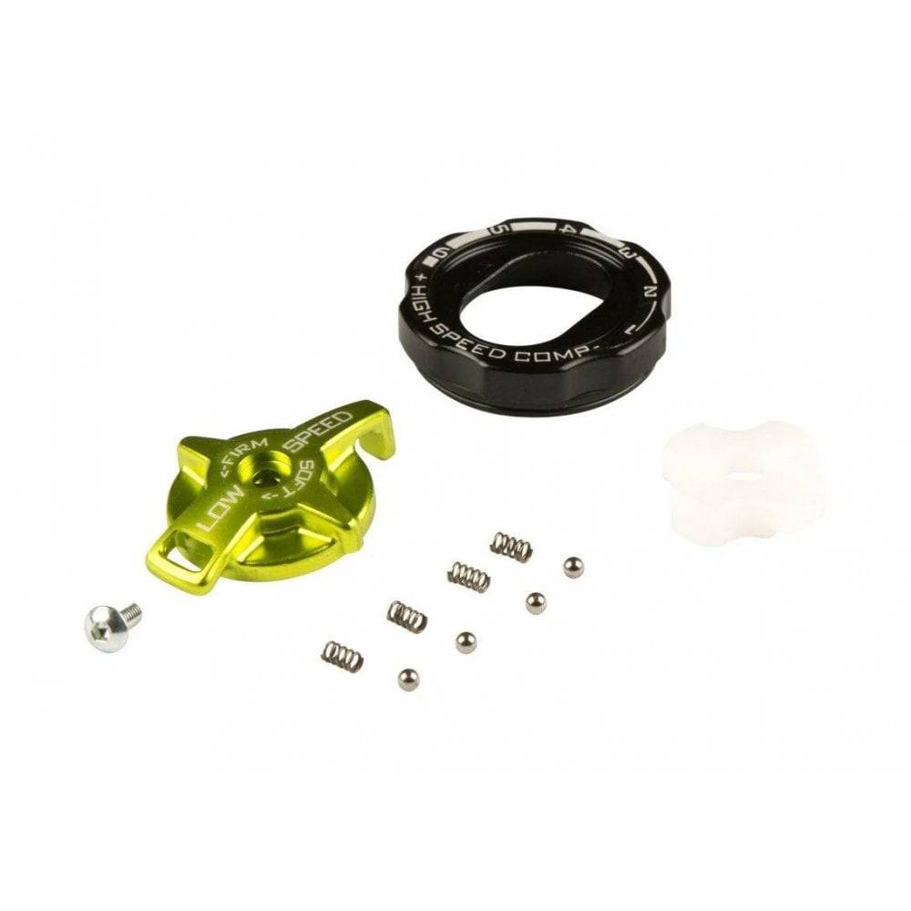 DVO Damper Knob and Detent Kit for Onyx SC 2022 rear shock upgrade, showing metal components and adjustment knobs.