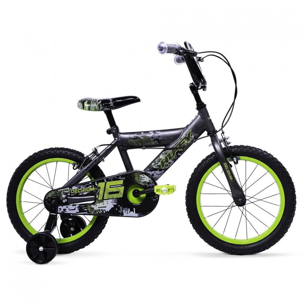 Huffy Delirium 16-inch kids' bike with matte silver finish, adjustable seat, and stabilizers for young riders.