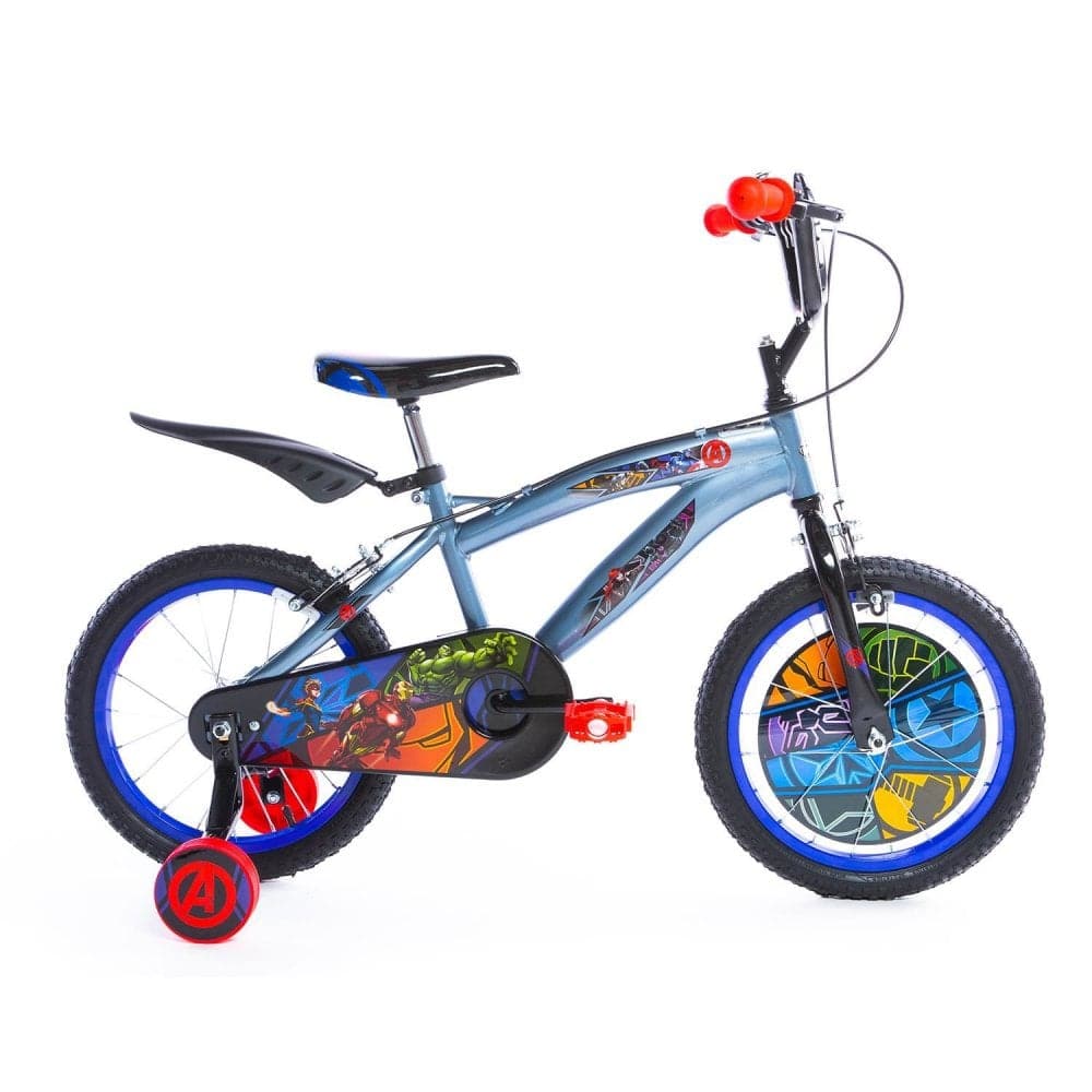 Huffy Marvel Avengers 16-inch kids bike with training wheels, suitable for children aged 5 to 7, featuring superhero-themed design.