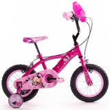 Huffy Disney Minnie 12-inch kids' beginner bike with training wheels in pink, featuring Minnie Mouse design and colorful details.
